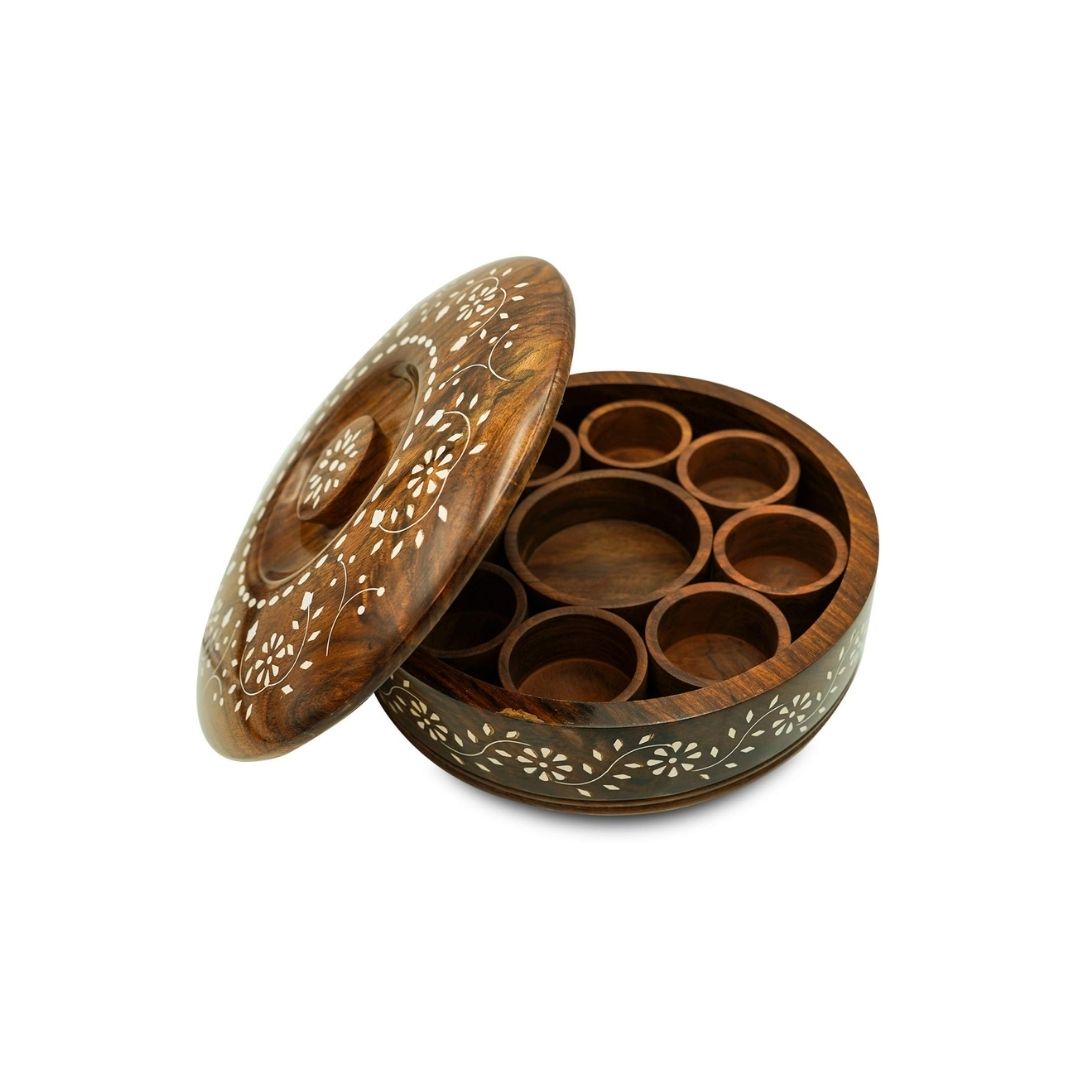 Wooden White Inlay Design 9 Compartment Masala/spice Box with Spoon and Lid